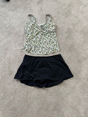 Floral Lace-Up Tankini Top with Black Skirted Bikini Bottoms - Women's Swim Set